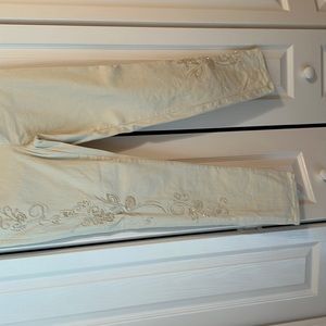 Chico jeans, size 1, white denim pull on with embroidery and beads